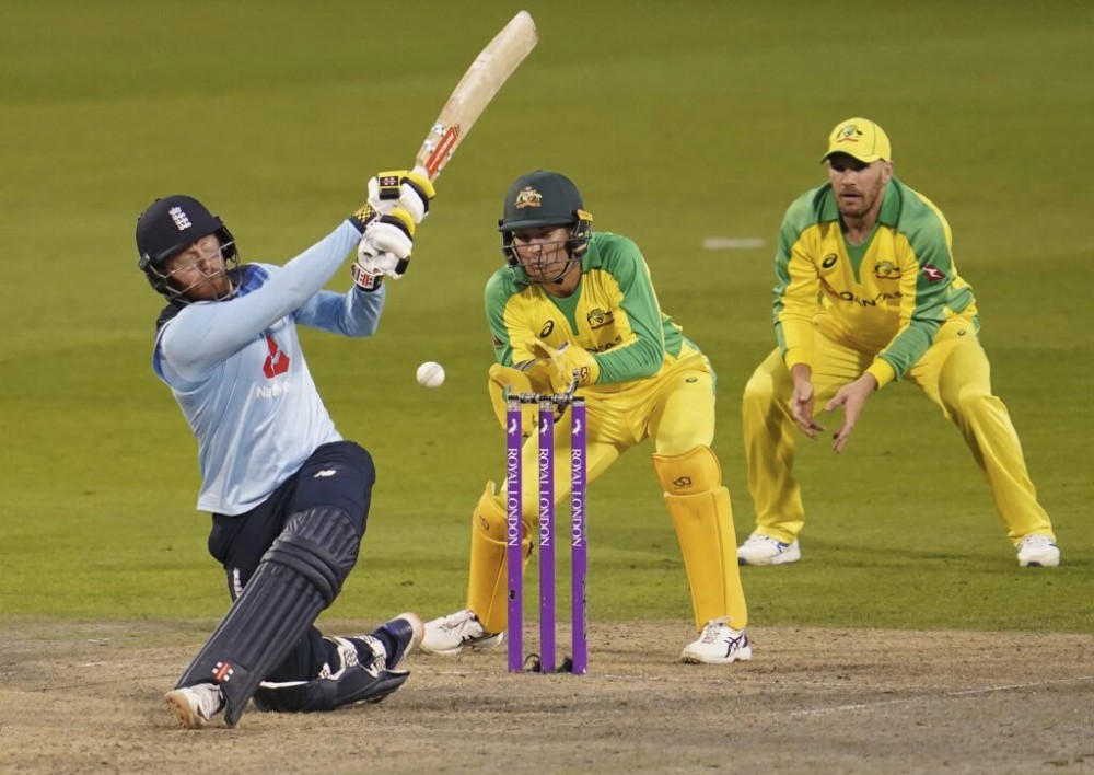 Manchester: England’s Jonny Bairstow, left, plays a shot during the first ODI cricket match between England and Australia, at Old Trafford in Manchester, England, Friday, Sept. 11, 2020. AP/PTI Photo